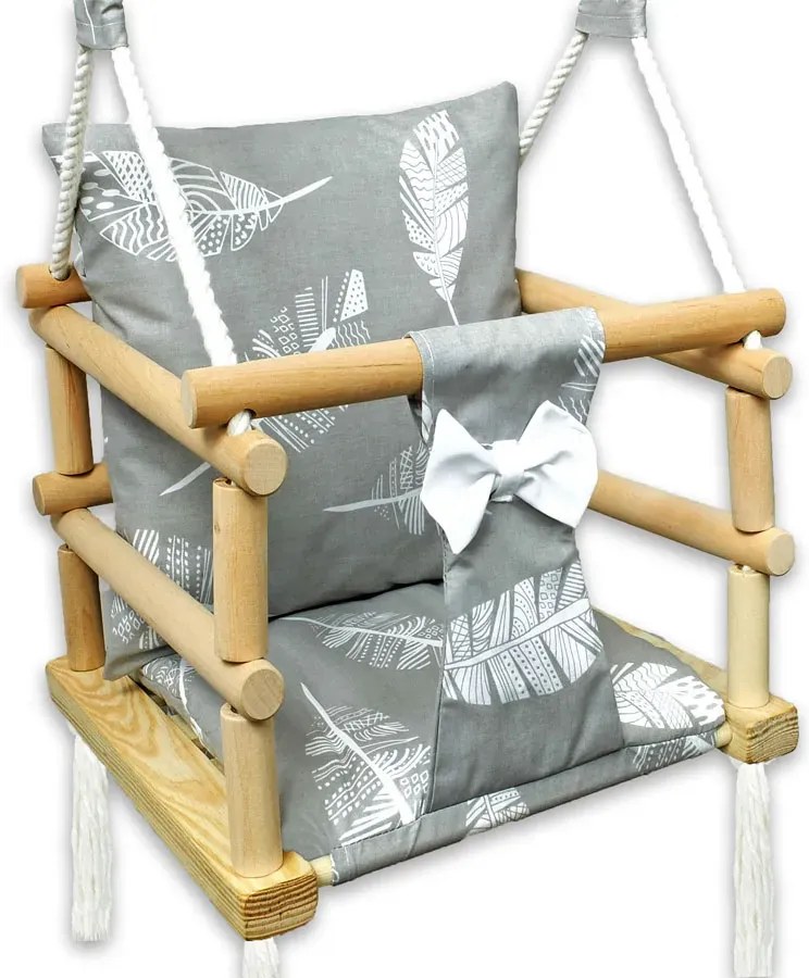 Szara huśtawka kubełkowa dla dzieci 3w1 w piórka G3-R86