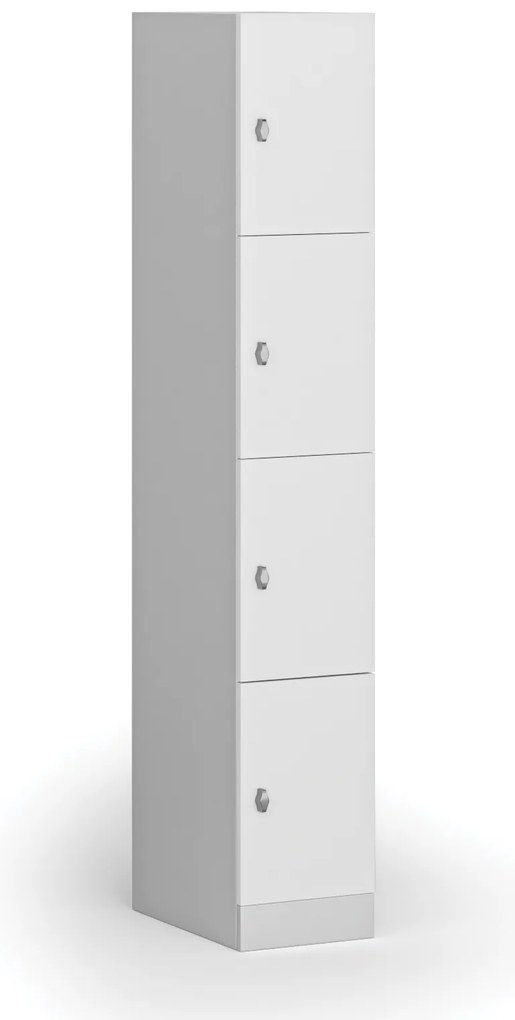 Szafka skrytkowa, 4 schowki, 1850 x 300 x 500 mm, demontaż, zamek obrotowy, drzwi laminowane, biała