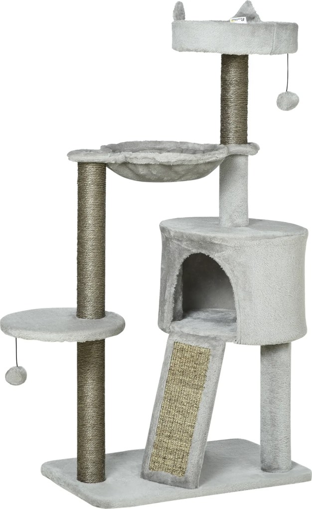 PawHut Drapak dla Kota Jasnoszary z Kryjówką Łóżkiem Hamakiem i Zabawkami 60x40x113cm Komfortowy | Aosom PL