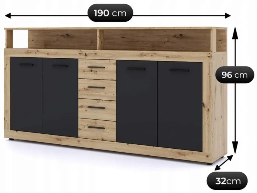 Komoda z 4 szufladami dąb artisan + czarny 190cm M1-D85
