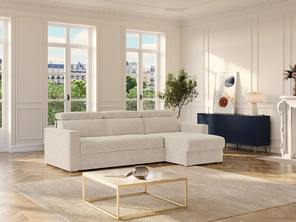 Kanapa narożna dwustronna rozkładana typu express z beżowej tkaniny szenilowej - Powierzchnia do spania z szerokimi listwami 160 cm - Materac 18 cm VIZIR