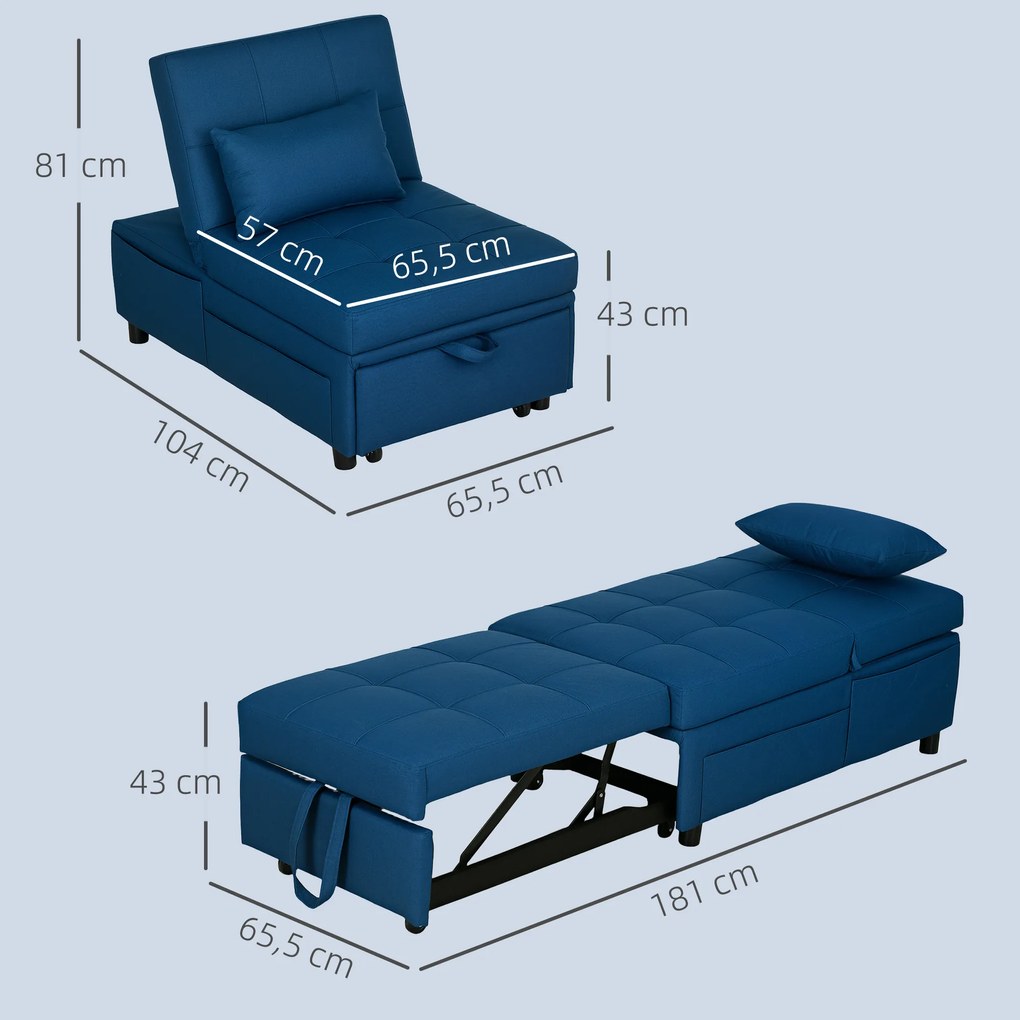 HOMCOM 3-w-1 Rozkładany fotel z boczną kieszenią, łóżko gościnne z poduszką, regulowane oparcie, fotel do spania na kółkach, niebieski