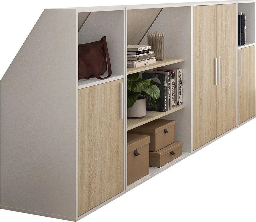 Szafka ze skosem 4-drzwiowa z 2 półkami i 2 wnękami - Biały i naturalny - ADEZIO