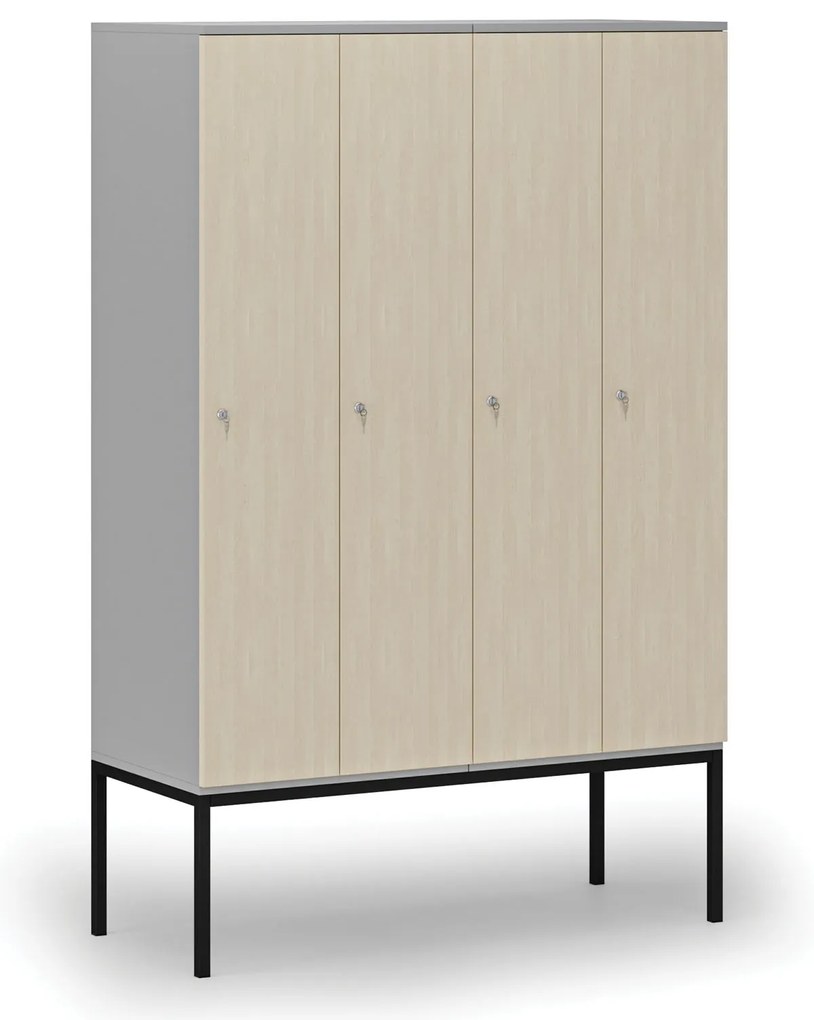 Drewniana szafa ubraniowa z podstawą, 4-drzwiowa, 1871 x 1200 x 500 mm, demontaż, zamek cylindryczny, szary/brzoza