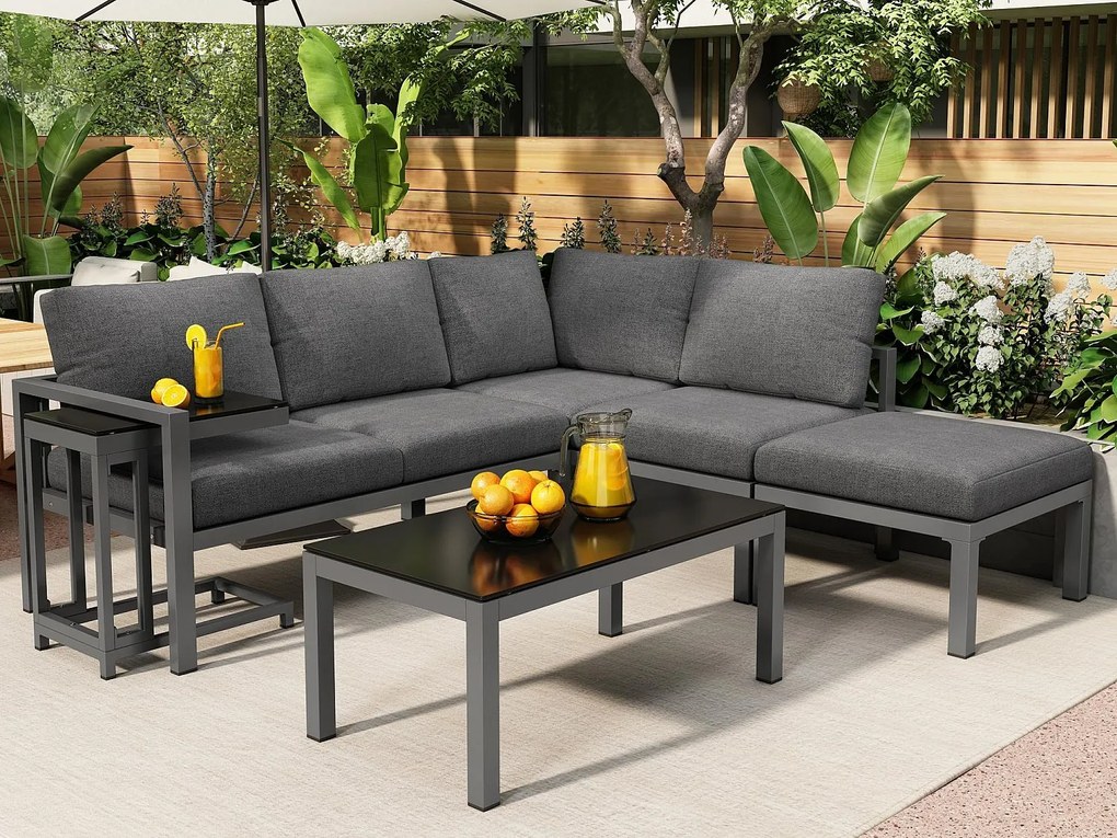 Zestaw mebli ogrodowych z aluminium - 2 sofy, 1 pufa i 2 stoliki kawowe - z wszystkimi poduszkami - Szary