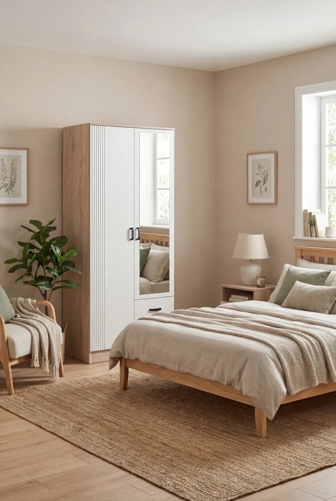 Skandynawska szafa z lustrem dąb sonoma + biały T1-H89