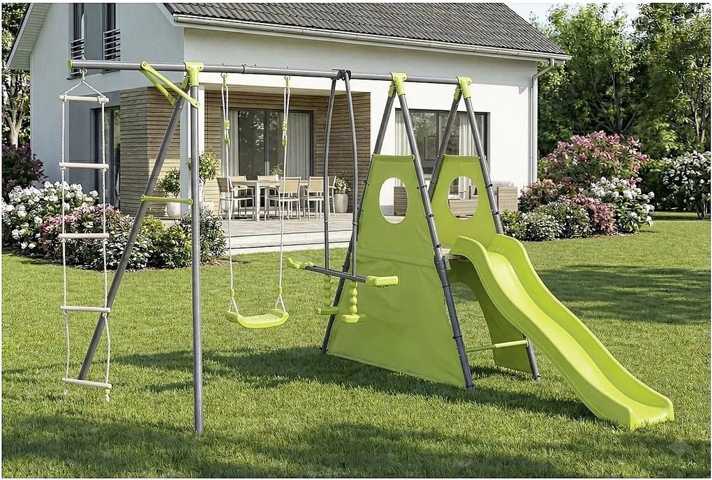 Metalowa konstrukcja do zabawy "Dany" ze zjeżdżalnią - 5 urządzeń - Zielony