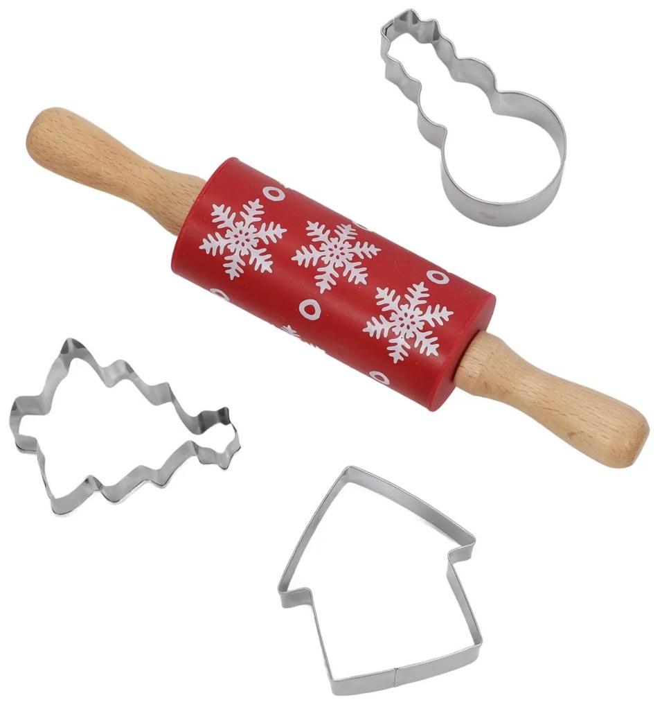 Zestaw do pieczenia dla dzieci TIVOLA, miniwałek z wzorem śnieżyek + 3 foremki