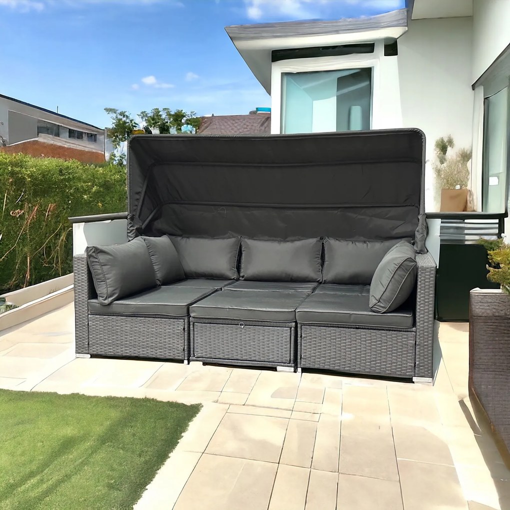 Wielofunkcyjny zestaw mebli ogrodowych - narożnik, leżanka z daszkiem Galicja 101 szary, poduszki szare