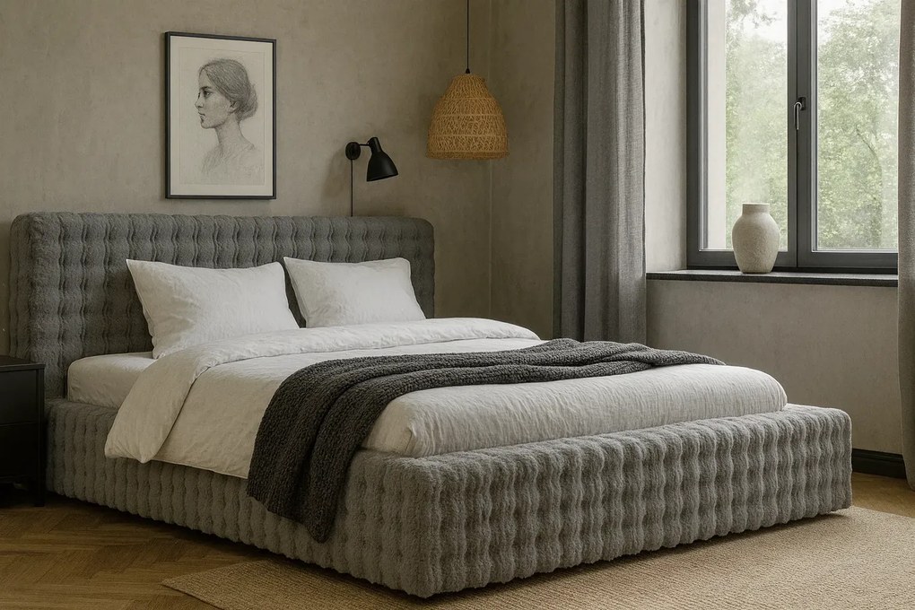 Szare łóżko pluszowe z zagłówkiem F2-K54