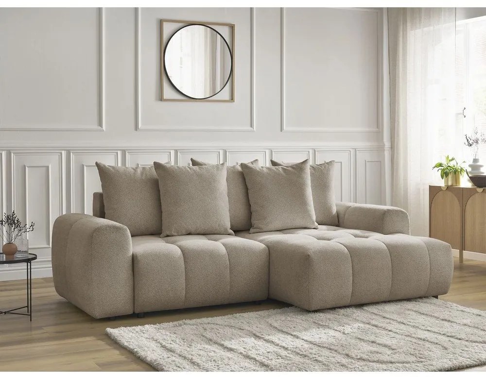 Beżowy rozkładany/ze schowkiem narożnik z tkaniny szenilowej (prawostronny/z szezlongiem) Roxelane – Bobochic Paris