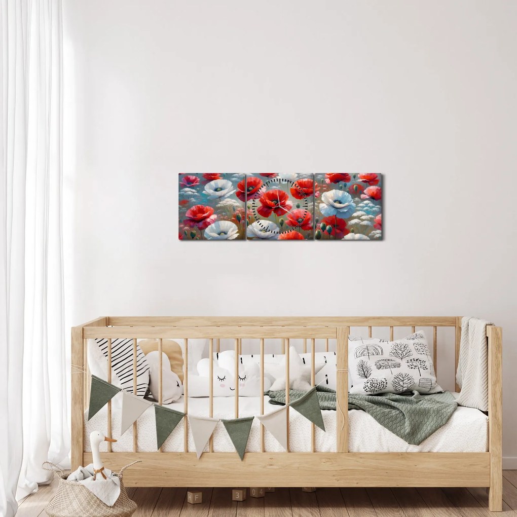 Obraz - Pole maków (z zegarem) (90x30 cm)