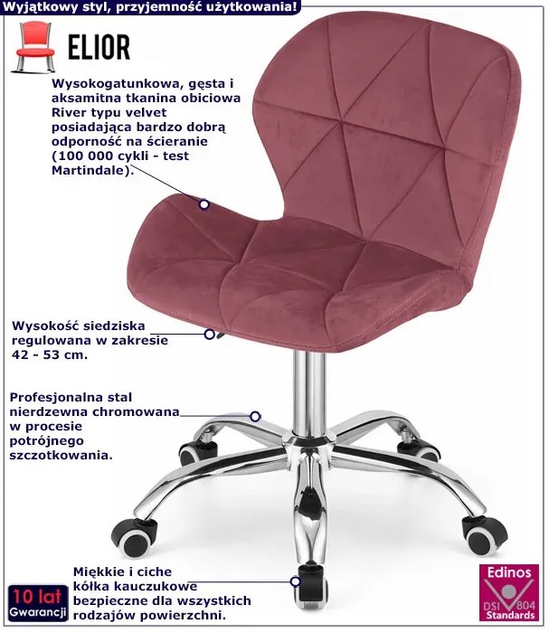 Welurowy pikowany fotel obrotowy ciemny róż A4-R41