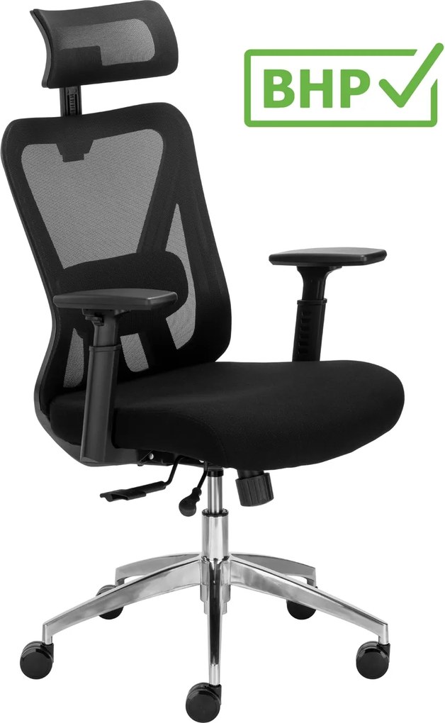 Fotel siatkowy z zagłówkiem regulowanym Ergobit Lux, zgodny z normą BHP