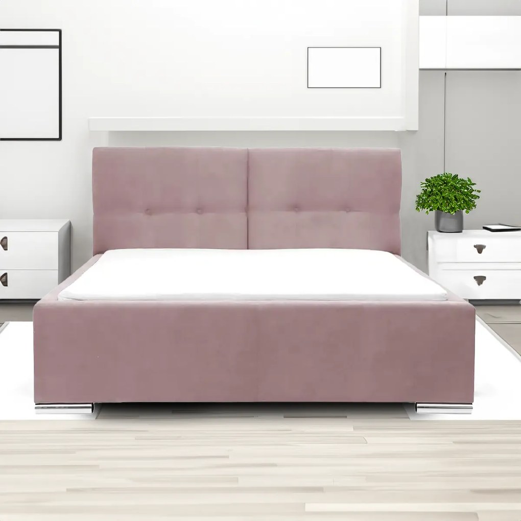 Łóżko tapicerowane z pojemnikiem i materacem FOLLER 140x200 cm Różowy