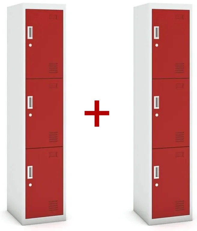 Szafka ubraniowa S3 trzydrzwiowa 1+1 GRATIS, demontaż, zamek cylindryczny, szara/czerwona
