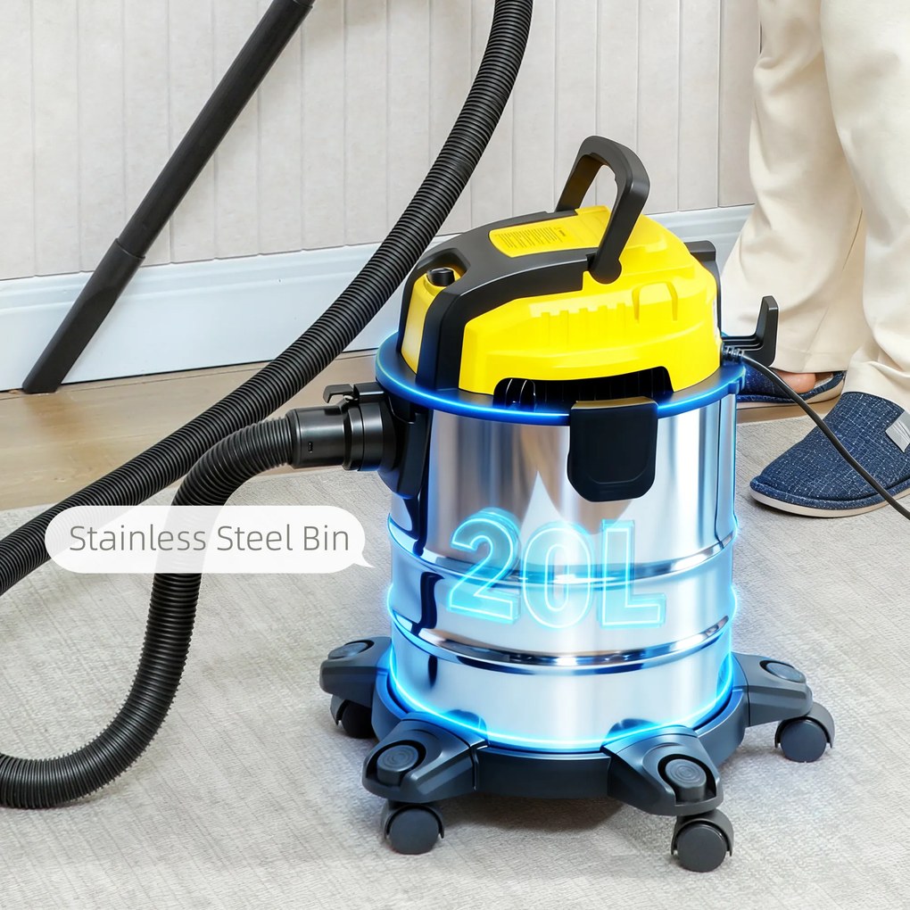 HOMCOM odkurzacz na mokro i sucho, na kółkach, potrójny system filtrów, 20 L zbiornik na kurz