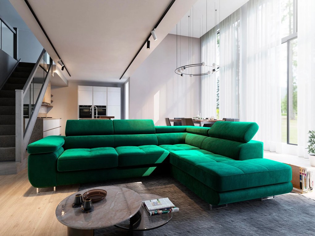 Masseno Narożnik SELVA z Funkcją Spania i Pojemnikiem na Pościel Narożnik L, Rozkładana sofa - Zielony, MONOLITH 37