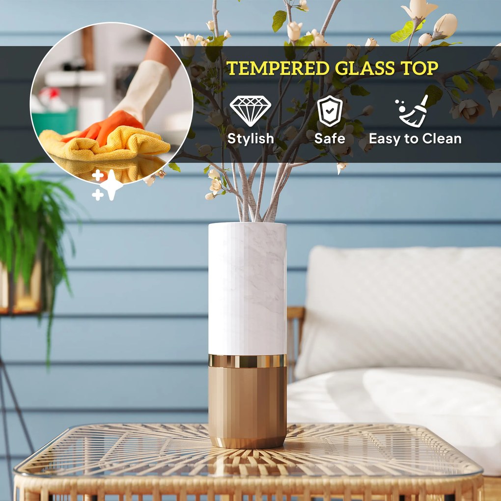 Outsunny Stół ogrodowy Polyrattan, 65 x 65 x 43 cm, odporny na warunki atmosferyczne kwadratowy z blatem ze szkła kolor naturalny