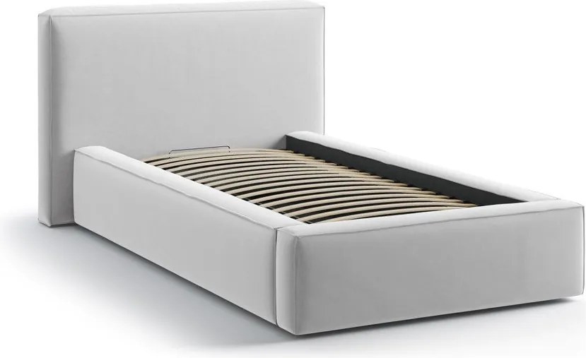 Tapicerowane łóżko jednoosobowe ze schowkiem i stelażem 90x200 cm w kolorze srebra Jodie – Micadoni