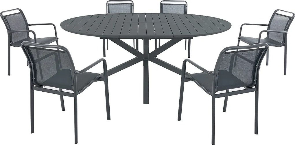 Zestaw mebli ogrodowych z aluminium : okrągły rozkładany stół o dł. 150/200 cm i 6 składanych foteli - Antracyt - VELYRA marki MYLIA