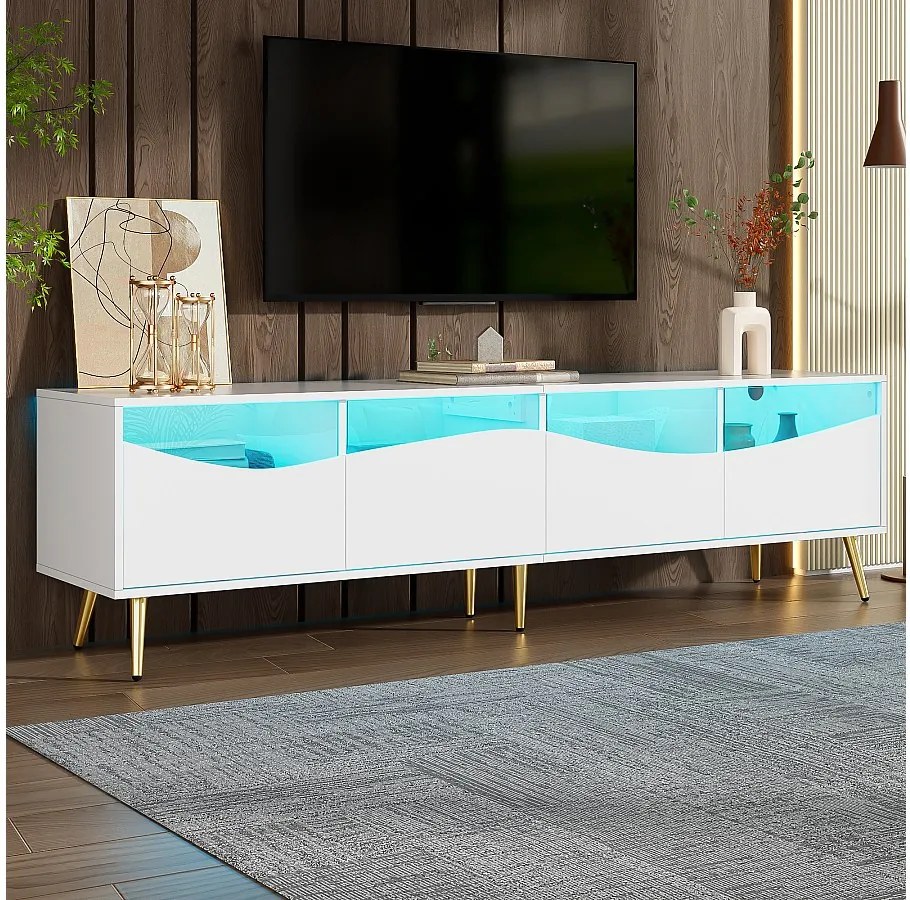 Stojak pod TV 180 cm, biała szafka RTV z 4 szufladami, oświetleniem LED i złotymi metalowymi nóżkami