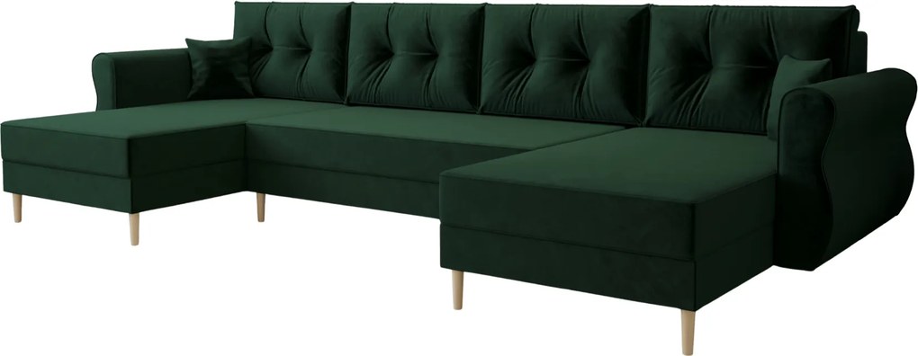Rozkładana sofa narożna w kształcie U SILVIANO 300x140 cm, ciemnozielona + 2 poduszki GRATIS