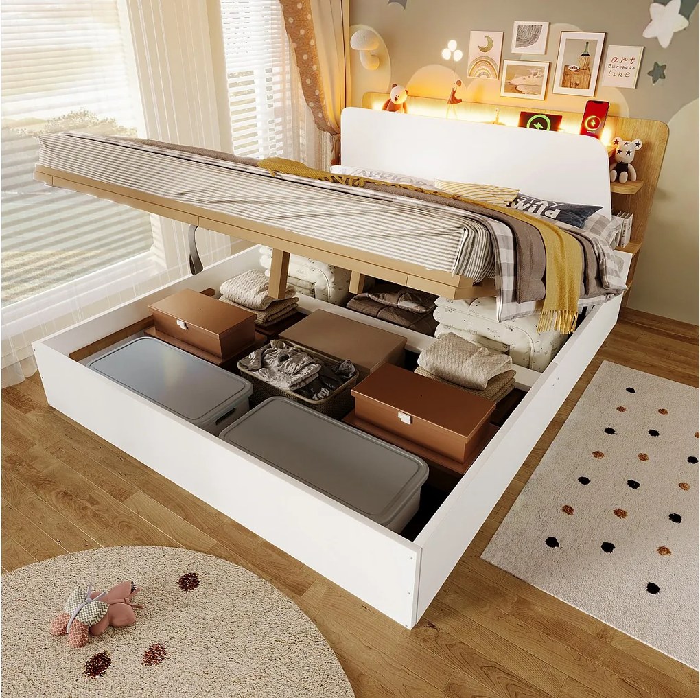 Łóżko hydrauliczne ze schowkiem - 140 x 200 cm - z USB + LED + zagłówek ze schowkiem - drewno - białe i naturalne