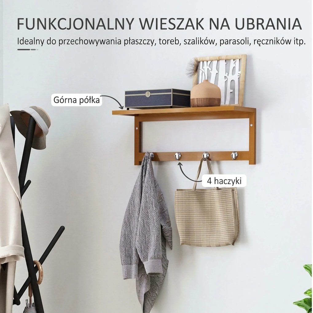 HOMCOM Wieszak ścienny z haczykami, montaż ścienny oszczędzający miejsce, nośność 5 kg, 50 x 16 x 17,5 cm drewno naturalne