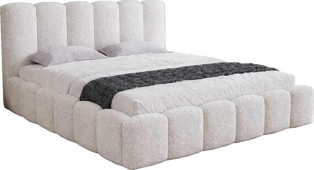 Łóżko dwuosobowe 160x200 Florent - łóżko z pojemnikiem i stelażem drewnianym - boucle, kremowy (Lambi 1)