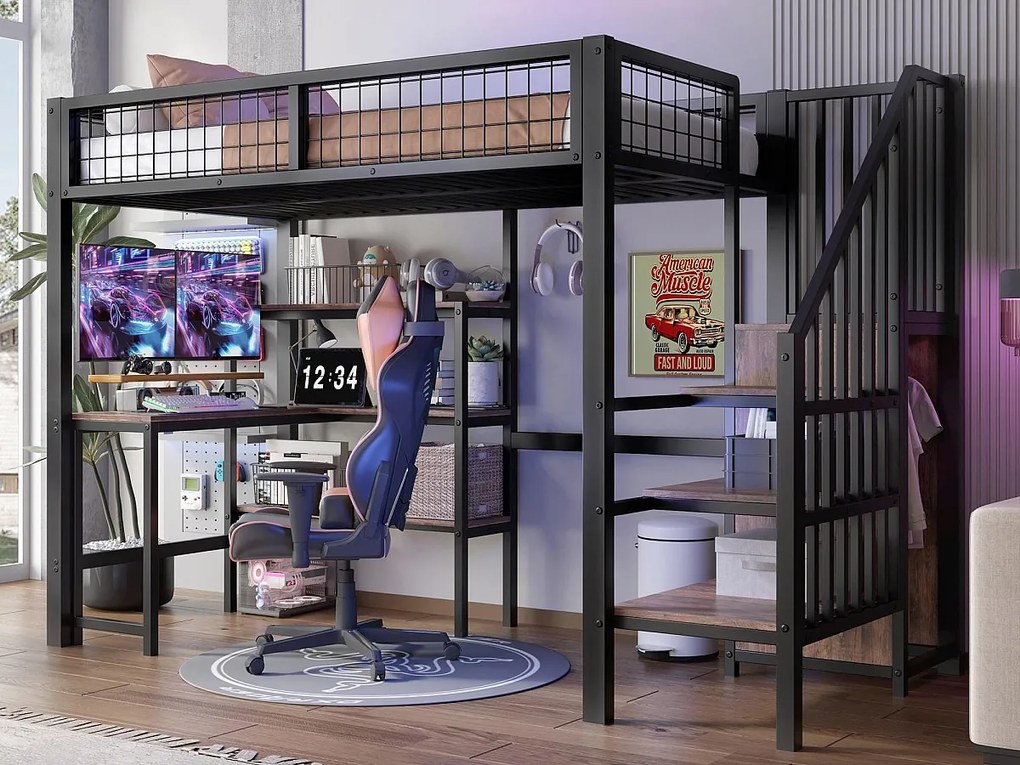 Łóżko mezzanine 90x200 cm - stalowa rama - z biurkiem i półkami - Czarny