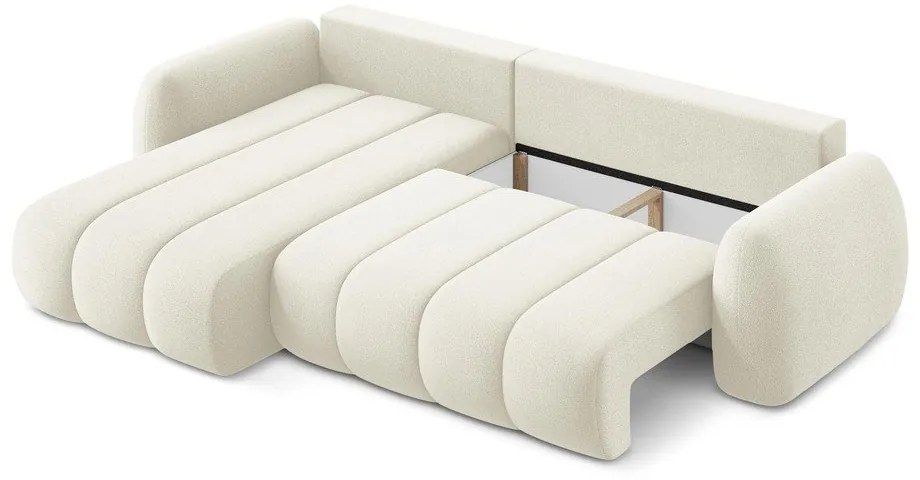 Beżowy rozkładany narożnik z materiału bouclé ze schowkiem (lewostronny/z szezlongiem) Pele – Makamii