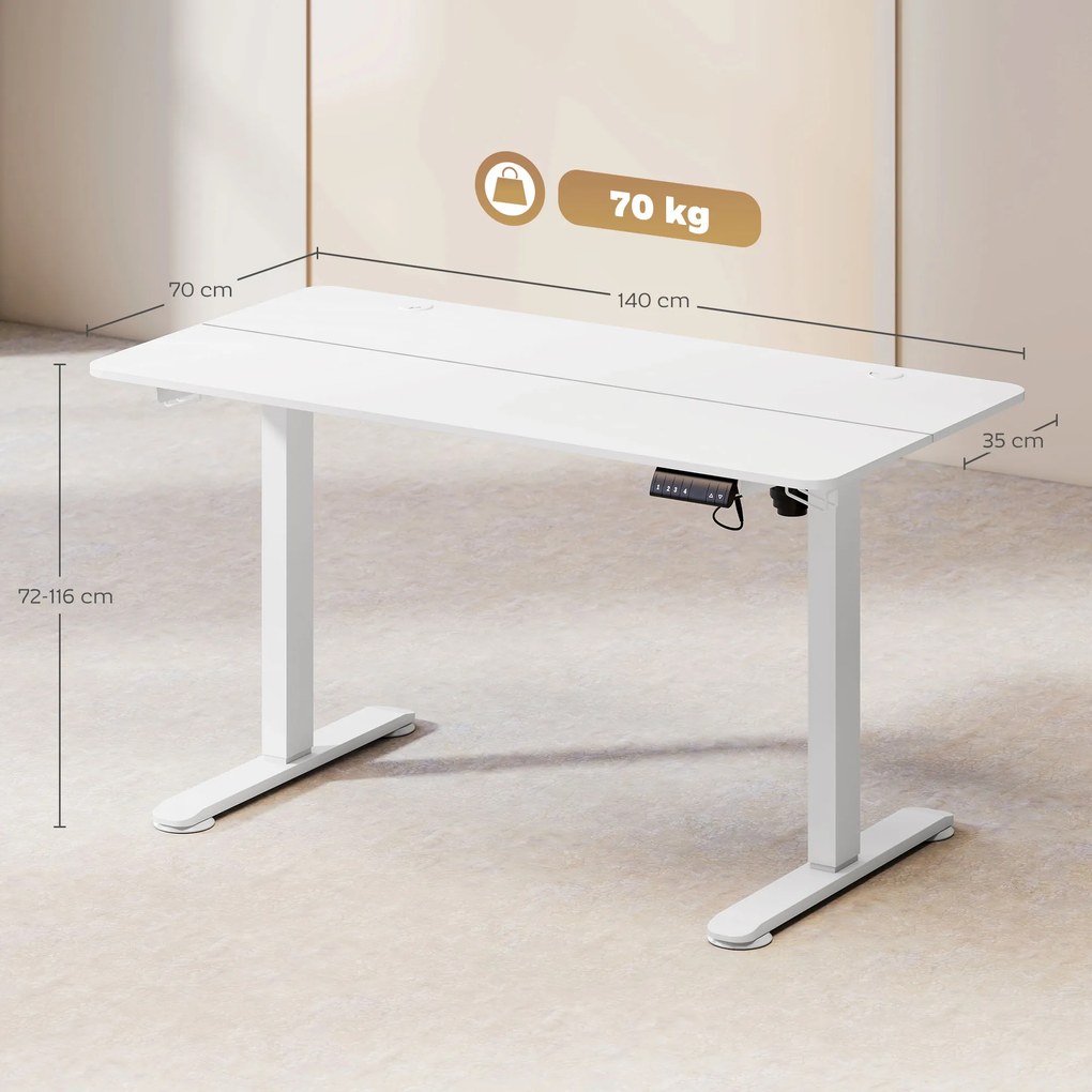 Vinsetto Biurko Stojące Regulowane Elektrycznie, 140 x 70 x 116 cm, Białe