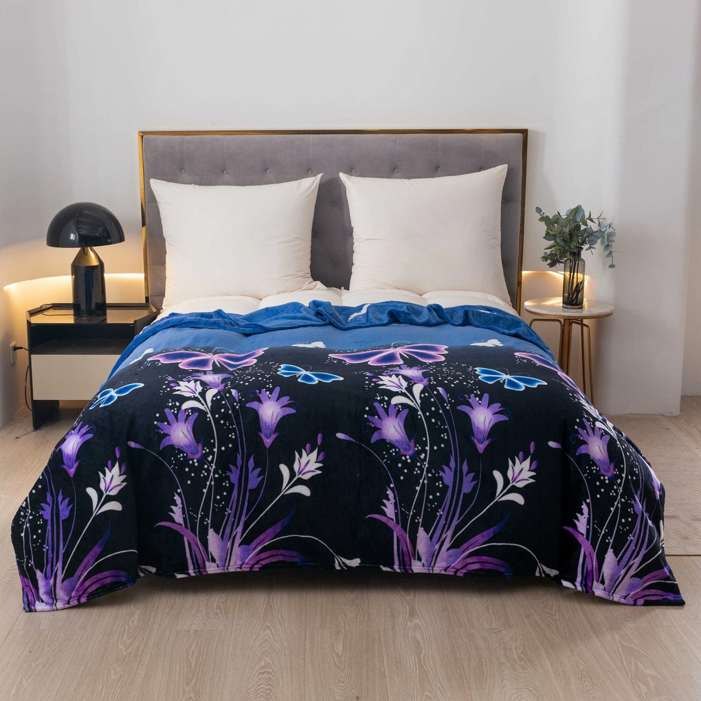 Koc z mikropluszu VIOLET BUTTERFLY ciemnoniebieski Rozmiar: 200 x 220 cm