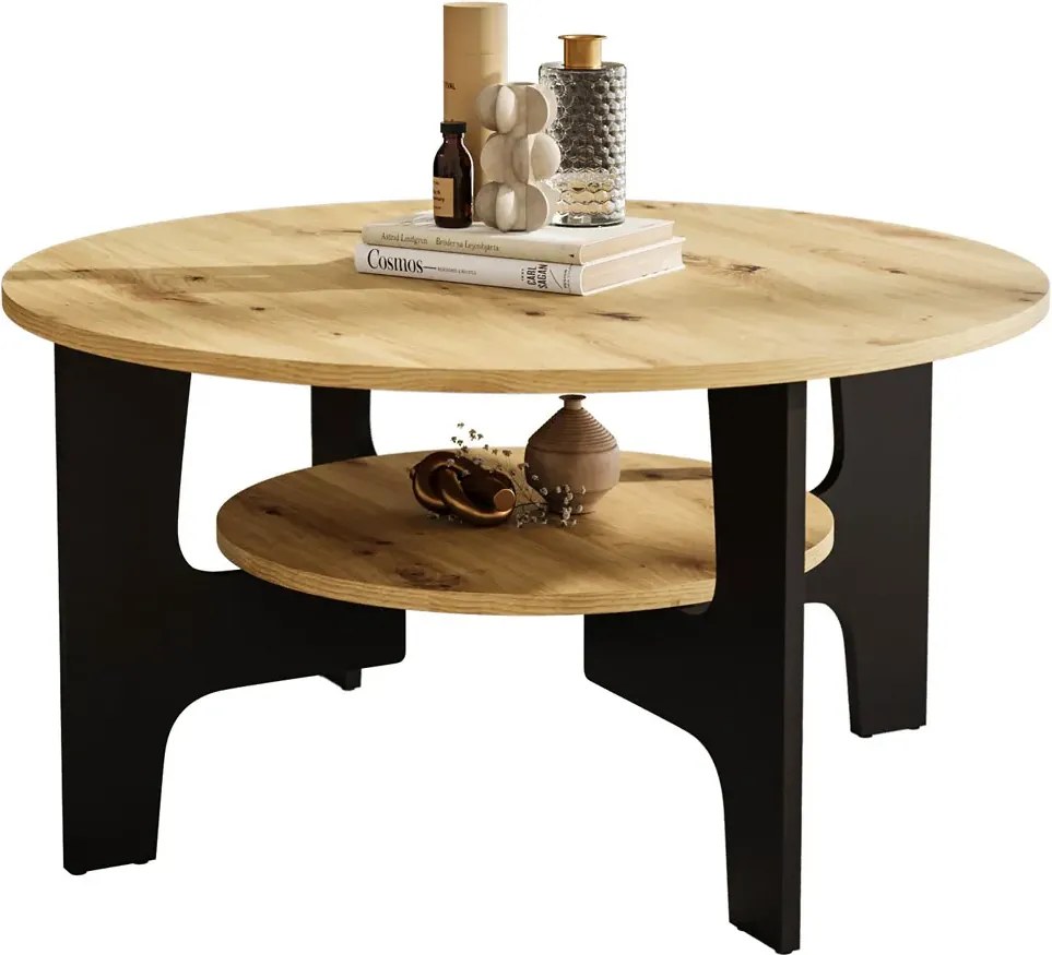 Nowoczesny okrągły kawowy stolik z półką dąb artisan + czarny D8-T04