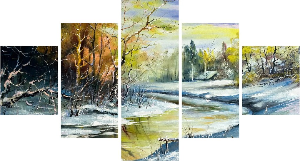 Obraz zimowej rzeki, obraz olejny (125x70 cm)