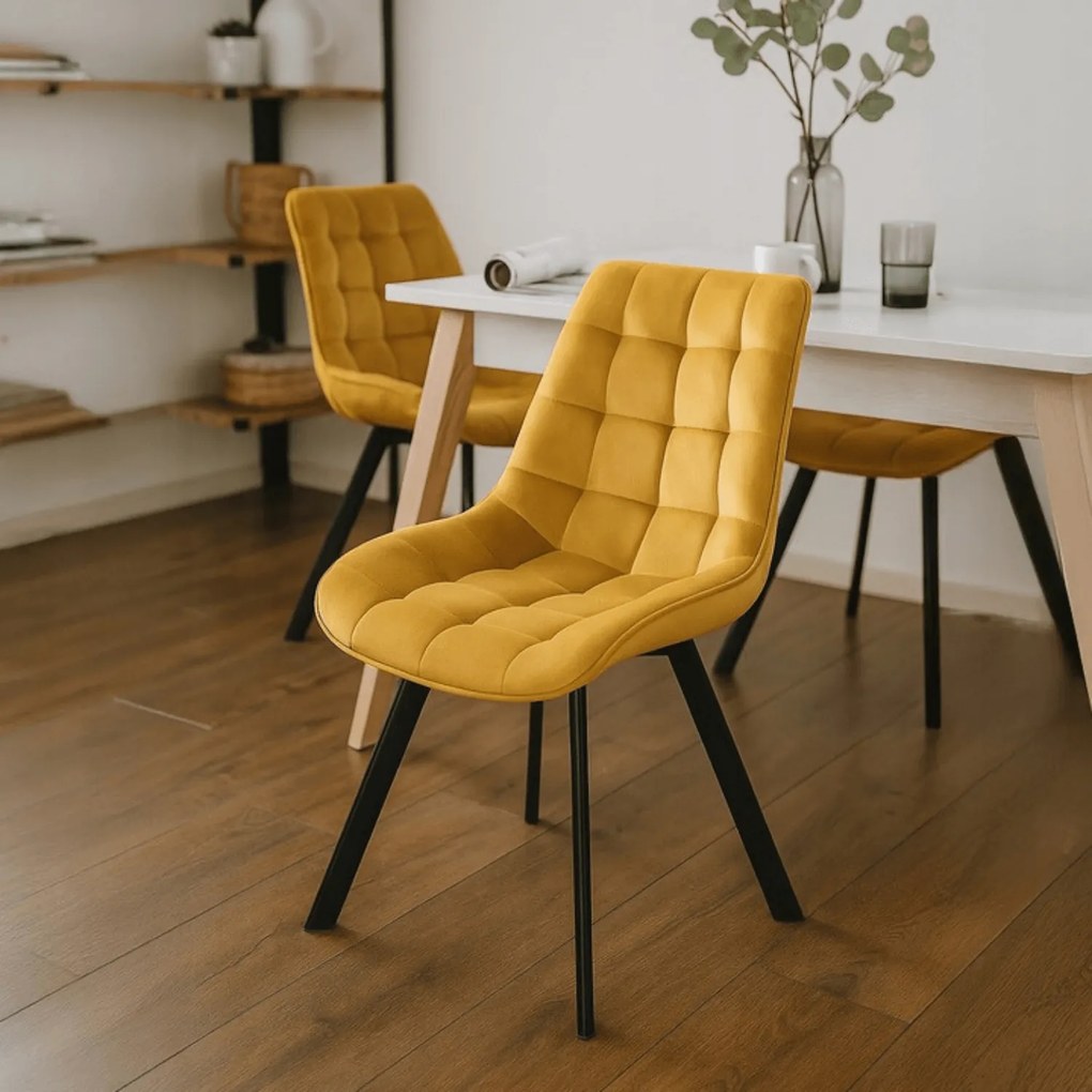 Zestaw 4x Krzesło Tapicerowane RICK do Salonu Musztardowe Welurowe Nowoczesne Loft