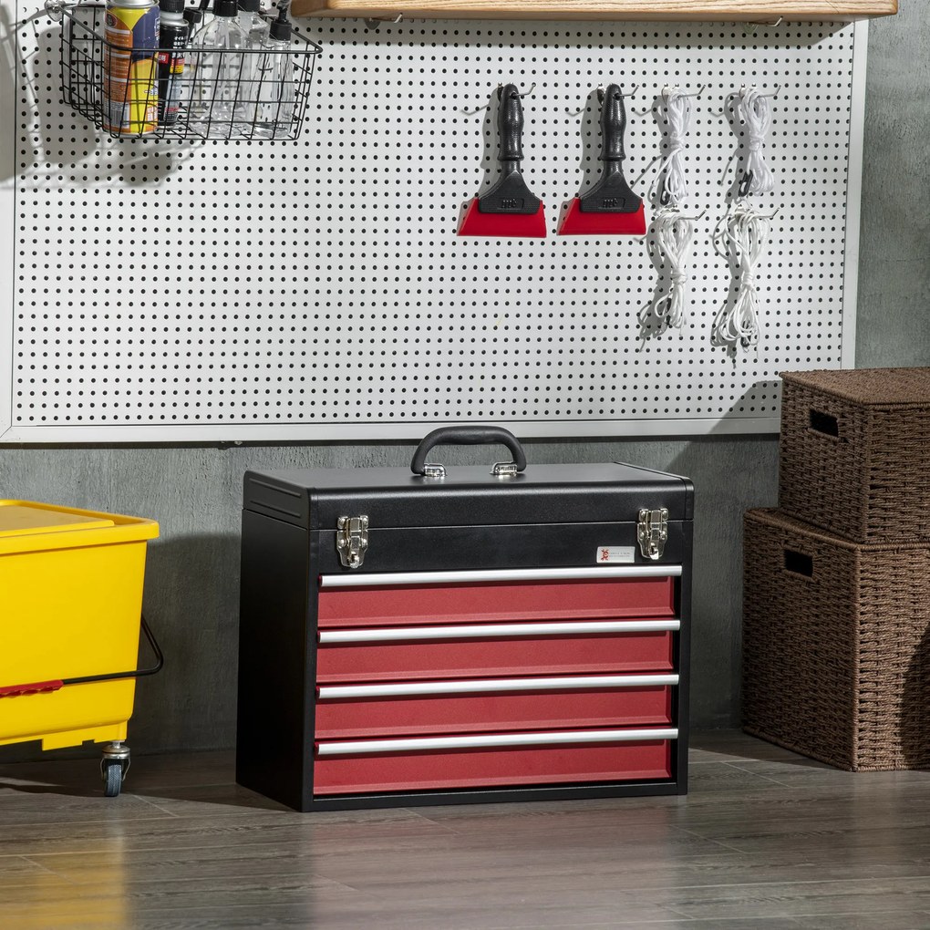 DURHAND Kufer Narzędziowy 4 Szuflady Zamykany Stal Czarno Czerwony Bezpieczne Przechowywanie 51x22x395cm | Aosom PL