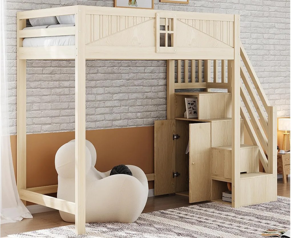 Łóżko na antresoli 90 x 200 cm - z bezpieczną drabiną z pojemnikami - z barierką bezpieczeństwa - naturalny​ (materac nie jest wliczony w cenę)
