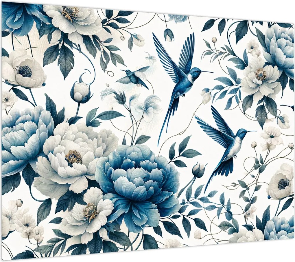 Obraz na szkle - Kolibry z kwiatami (70x50 cm)