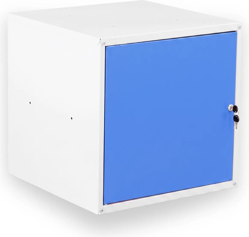 Szafka ubraniowa z schowkami zamykanymi 450 x 450 x 450 mm, zamek cylindryczny, niebieskie drzwi