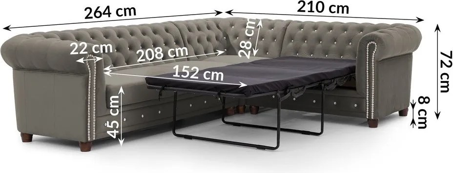 Szary aksamitny rozkładany narożnik (prawostronny/w kształcie litery L) York Blik – Ropez