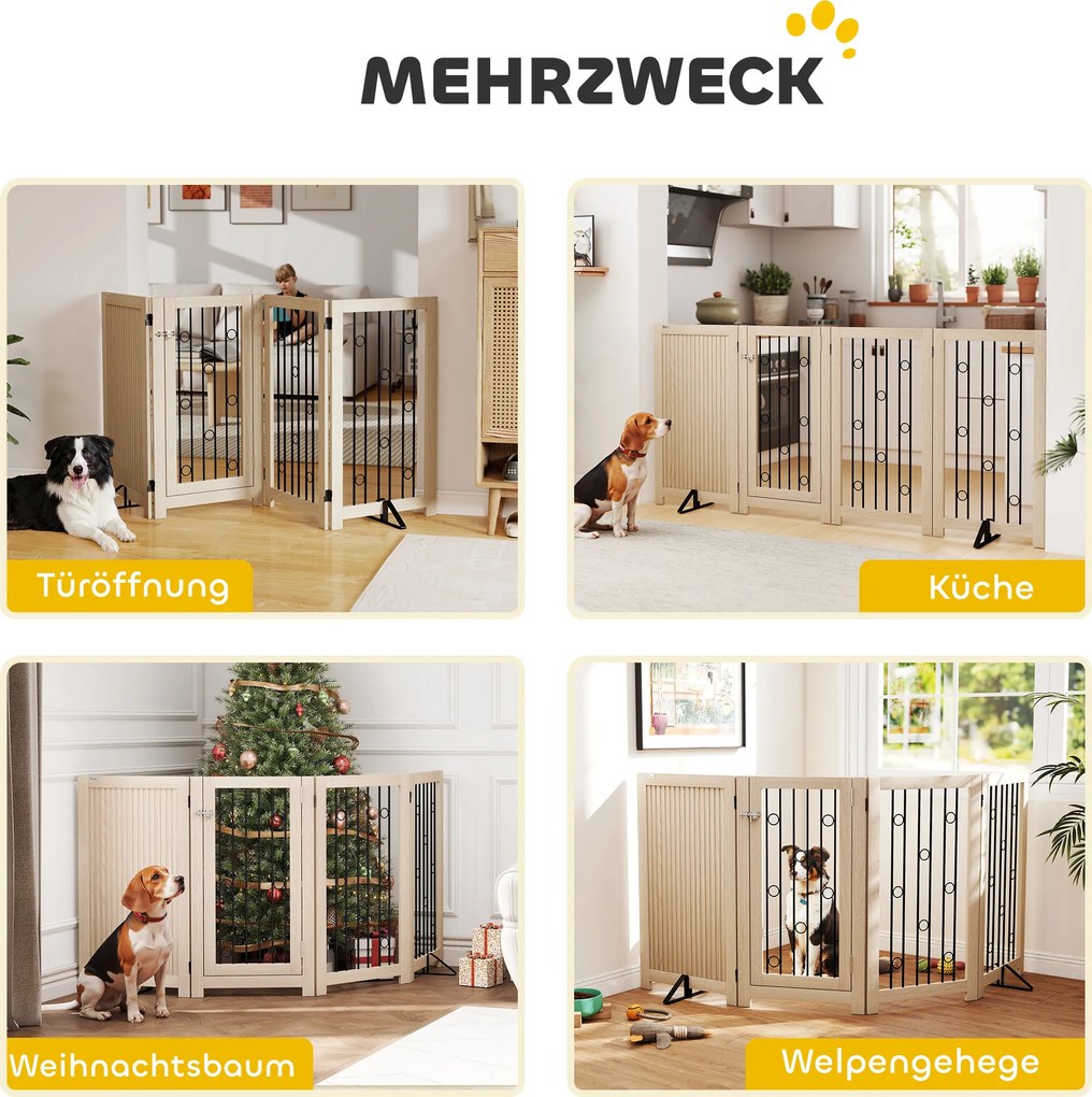 PawHut Wolnostojąca bramka dla zwierząt, bramka dla psa z drzwiami, 4 panele, do korytarza, schodów, ościeżnicy, MDF, stal | Aosom PL