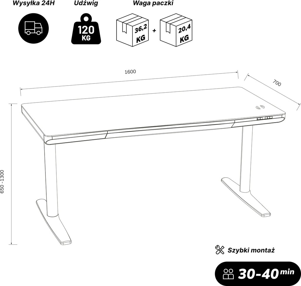 Biurko elektryczne sit-stand z szufladą i ładowarką bezprzewodową Qi białe/złoty dąb, 1600 mm: ELLIS