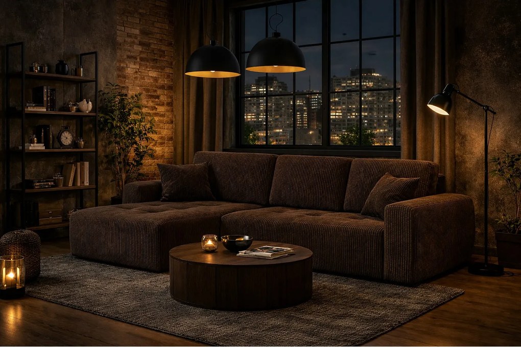 Narożnik w kształcie L z funkcją spania i pojemnikiem Ivo L, tkanina sztruksowa Poso, Brązowy, Lewy