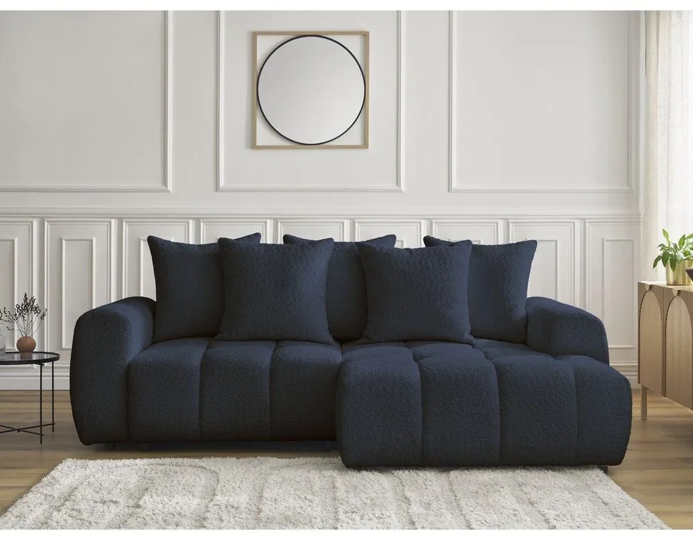 Niebieski rozkładany narożnik z materiału bouclé ze schowkiem (prawostronny/z szezlongiem) Roxelane – Bobochic Paris