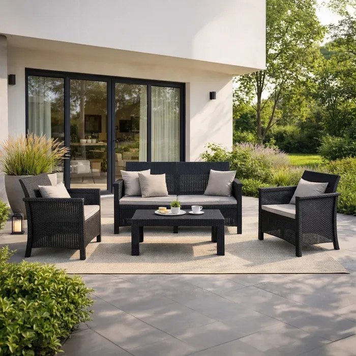 Zestaw Mebli Ogrodowych BRENTA Czarny/Szary 2xFotel Sofa Stolik Tarasowy Technorattan Nowoczesny