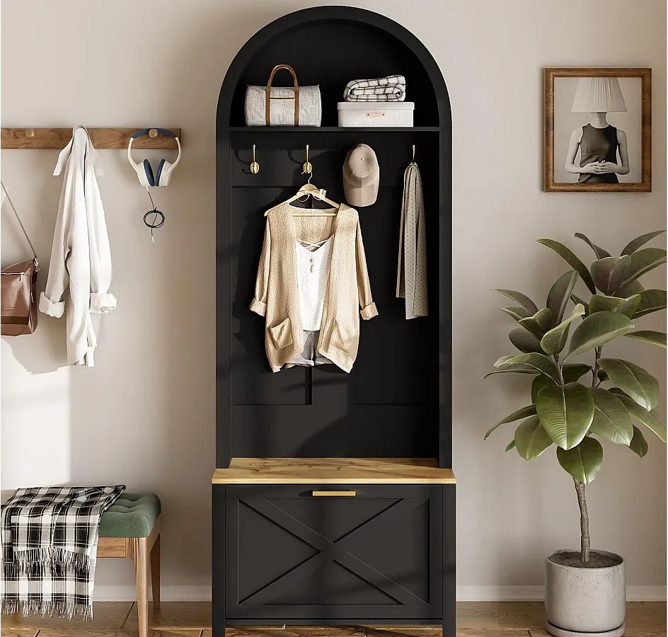 Zestaw na ubrania do przedpokoju 75x35x195 cm - z szafą na buty i wieszakami - z półkami - Czarny
