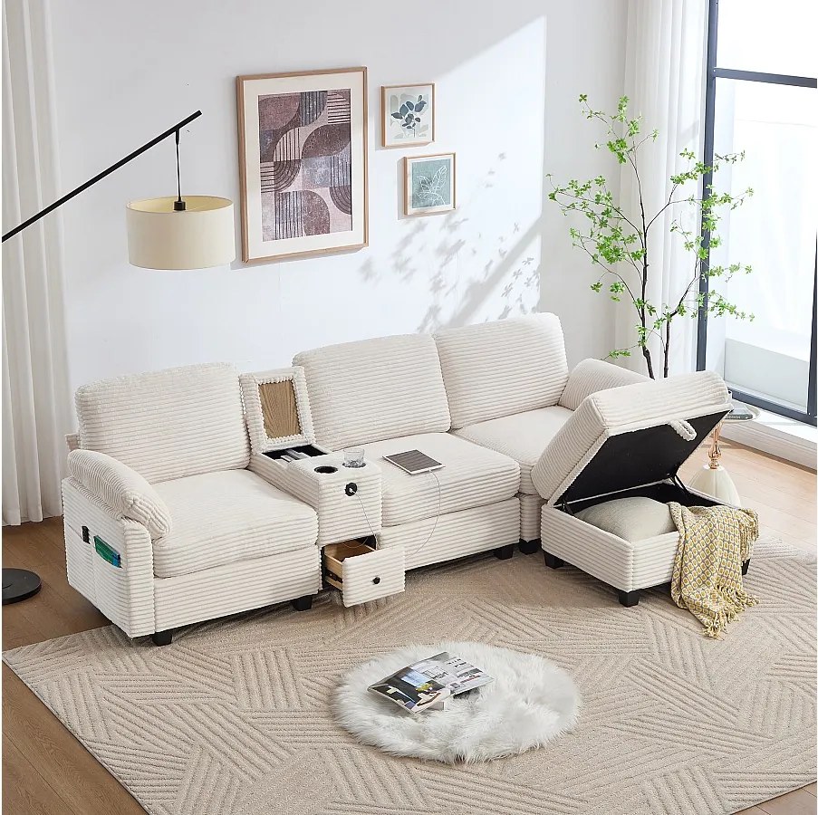 Sofa 3-osobowa, sofa sztruksowa z pufem i szufladami, 2 uchwytami na kubki i portem USB - beżowa