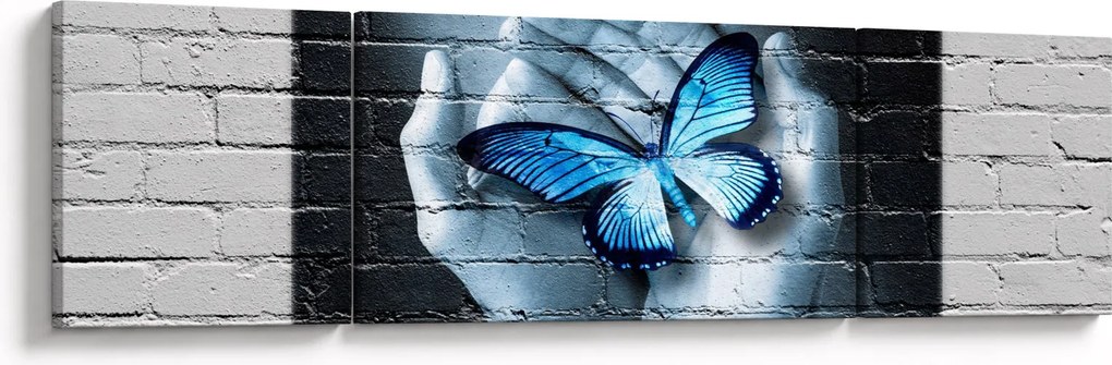 Obraz niebieskiego motyla na ścianie (170x50 cm)